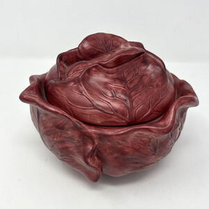 Vintage Cabbage Tureen Bowl Holland Mold 1970s Vegetable Dish with Lid Burgundy